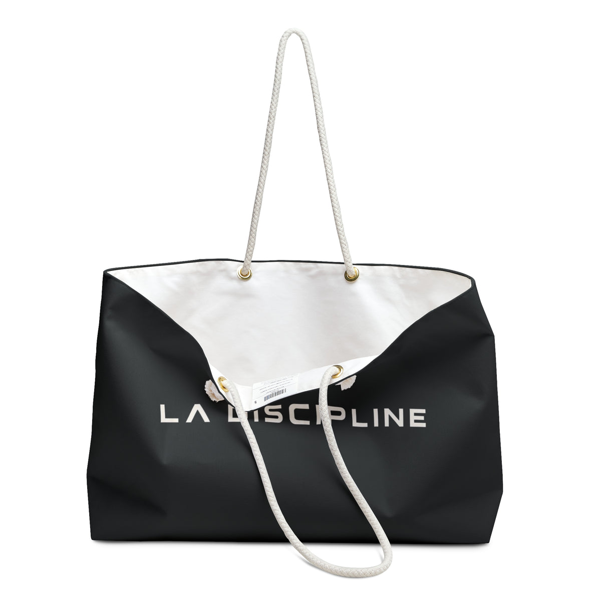 La Discipline Weekender Bag — Black Travel Tote with Minimalist Logo Printify