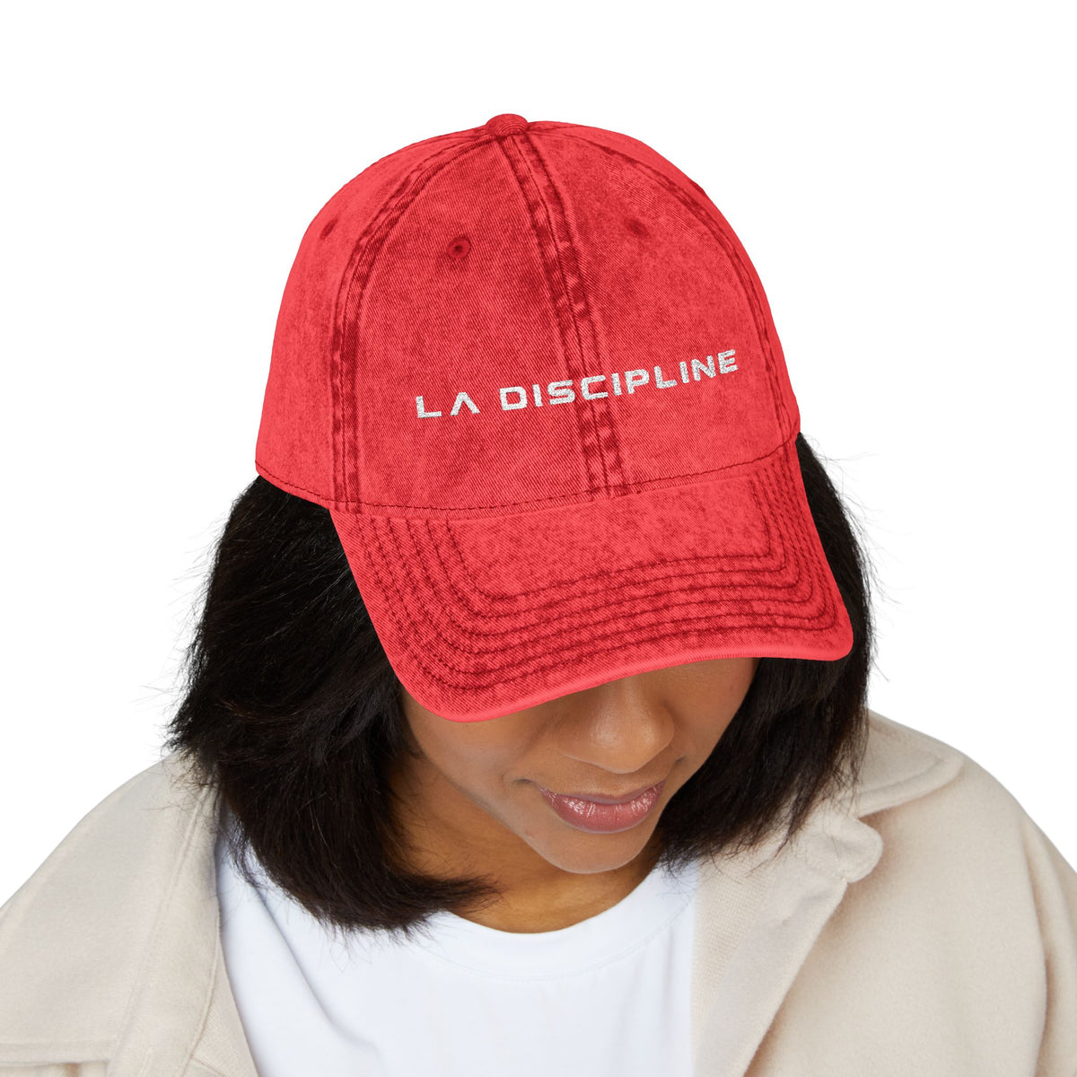 La Discipline Vintage Embroidered Cap — Washed Red Baseball Hat Printify