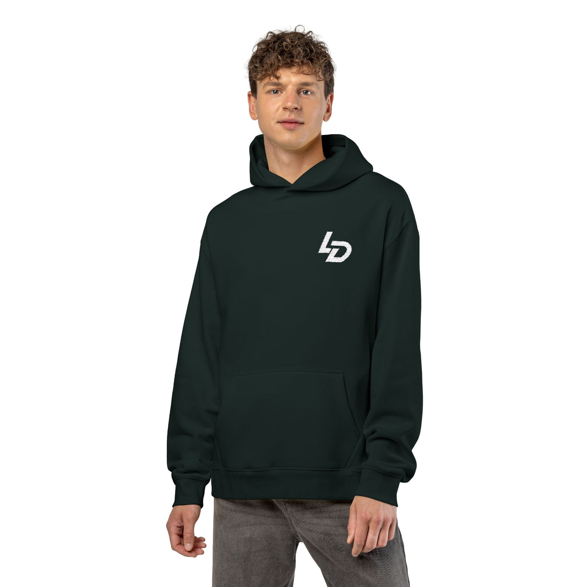 LD Minimal Logo Hoodie — Black Relaxed Pullover Printify