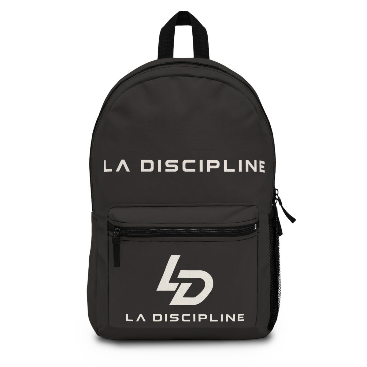 La Discipline Logo Backpack — Minimalist Black Logo Daypack for Gym, School & Travel Printify