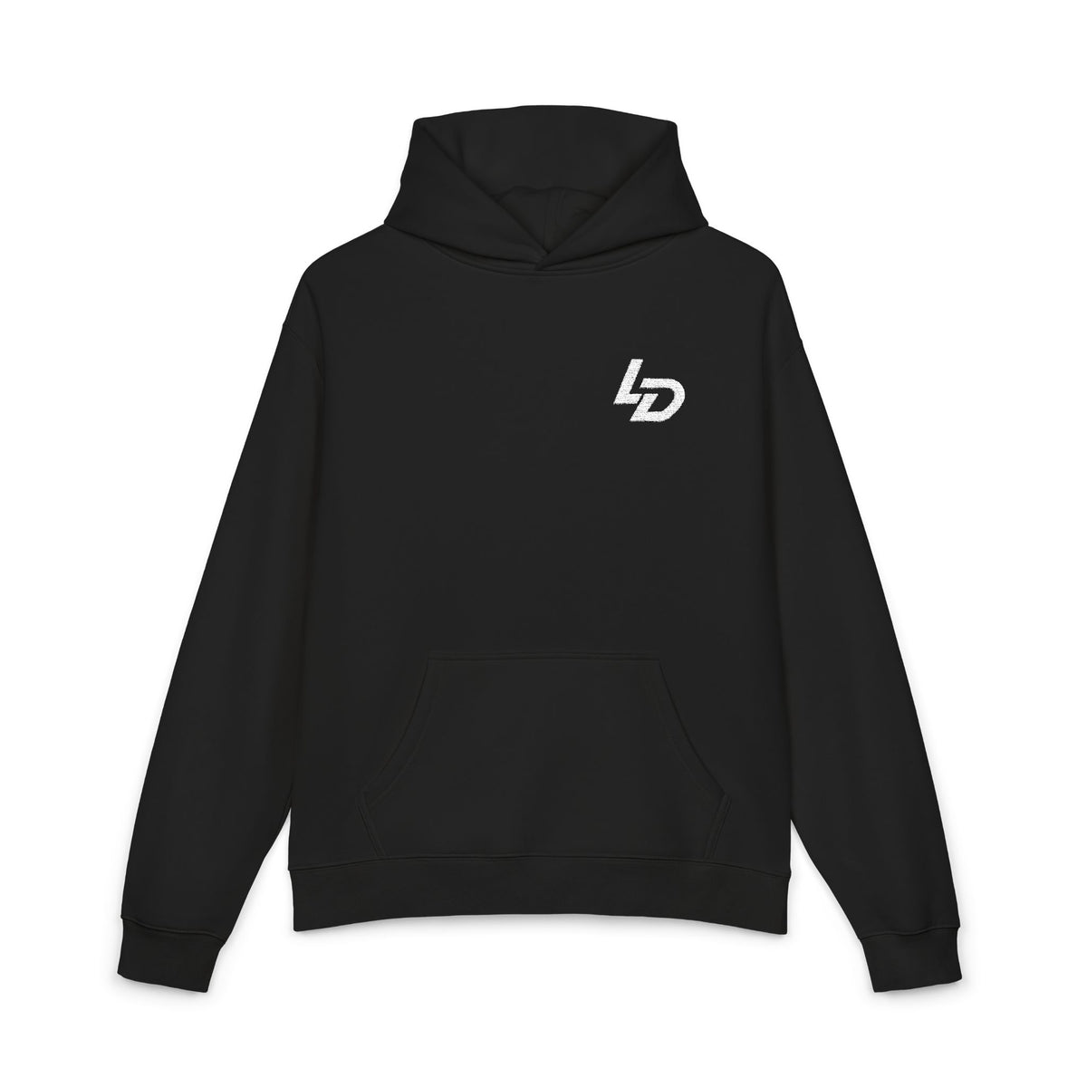 LD Minimal Logo Hoodie — Black Relaxed Pullover Printify