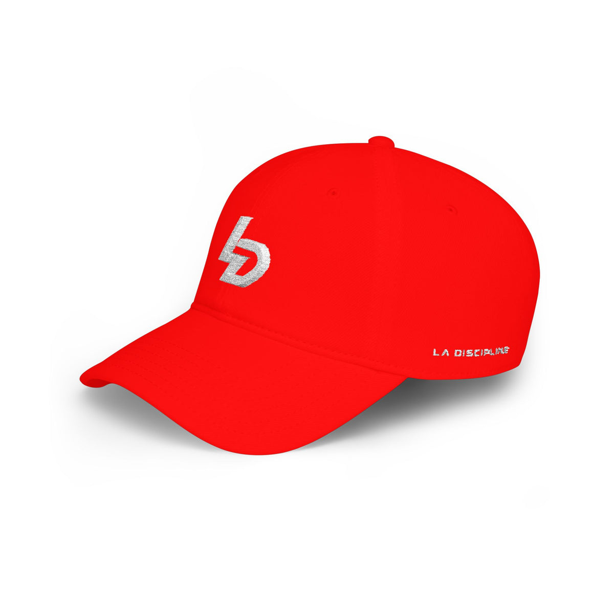 LD Embroidered Low Profile Baseball Cap — Red Minimalist Logo Hat Printify