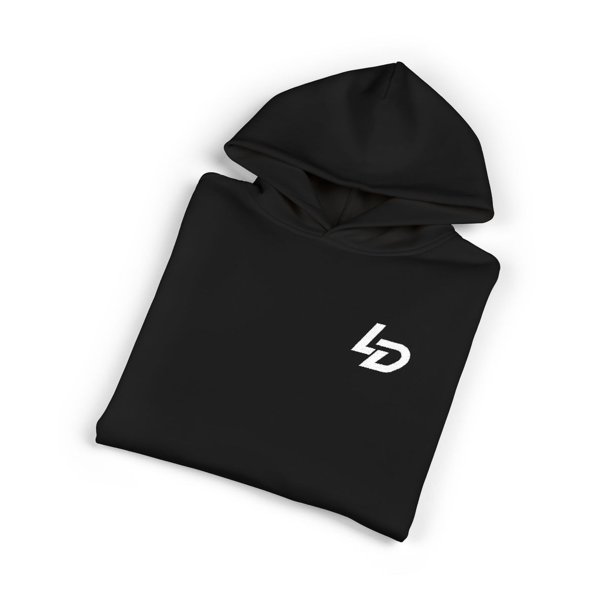 LD Minimal Logo Hoodie — Black Relaxed Pullover Printify