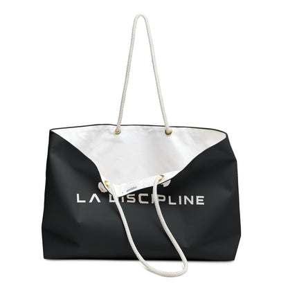 La Discipline Weekender Bag — Black Travel Tote with Minimalist Logo Printify