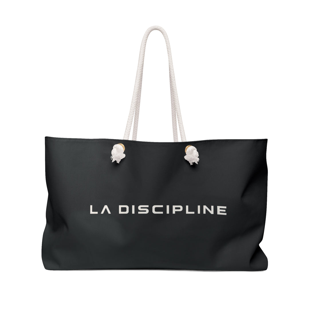 La Discipline Weekender Bag — Black Travel Tote with Minimalist Logo Printify
