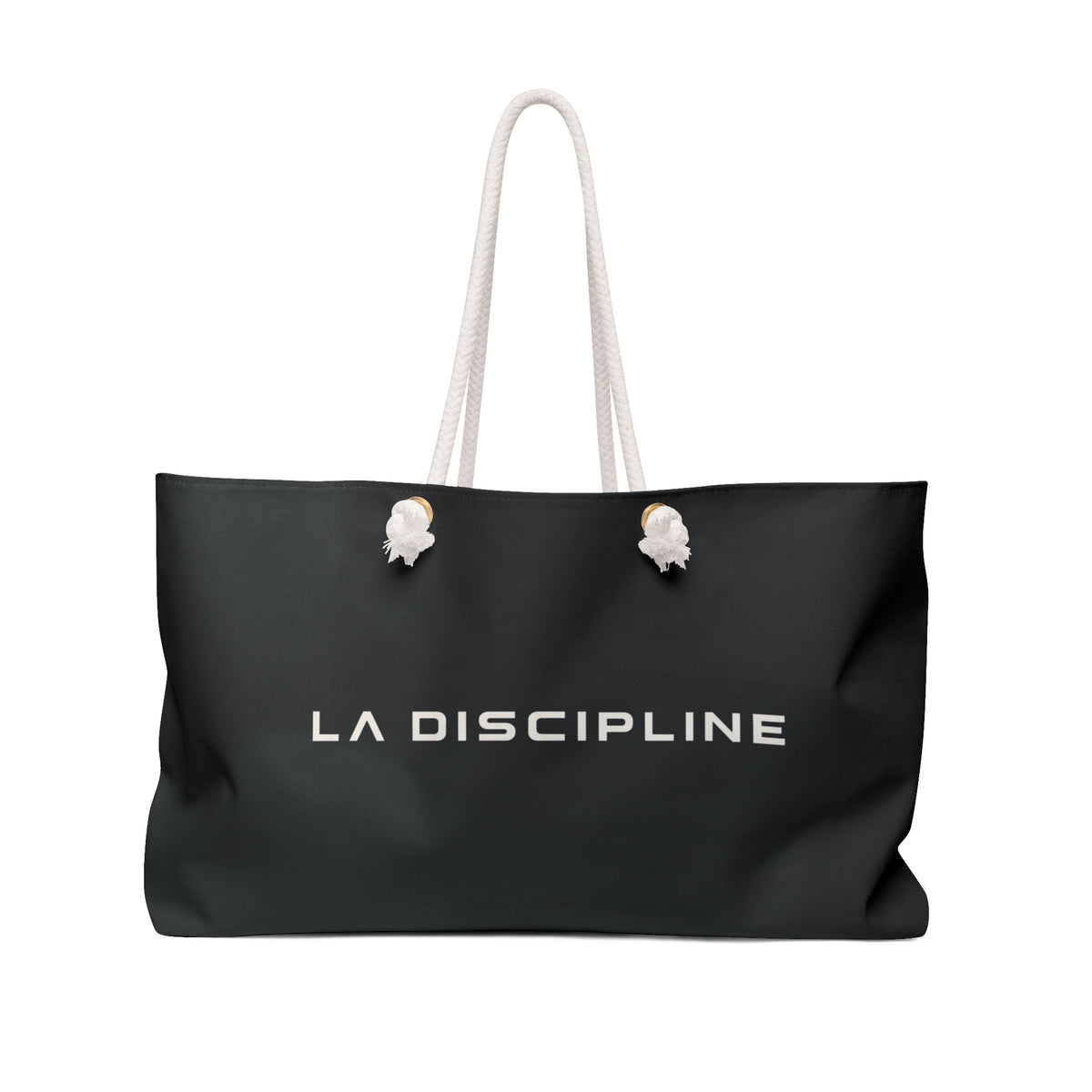 La Discipline Weekender Bag — Black Travel Tote with Minimalist Logo Printify