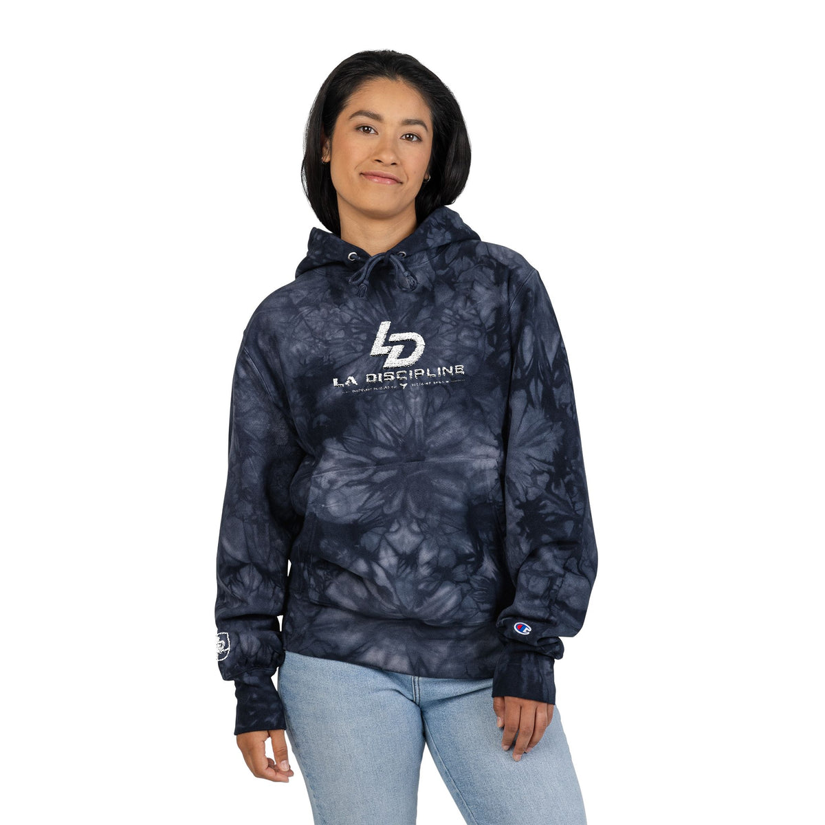 Champion Black Tie-Dye Embroidered Hoodie - 'LD' Logo Streetwear Printify