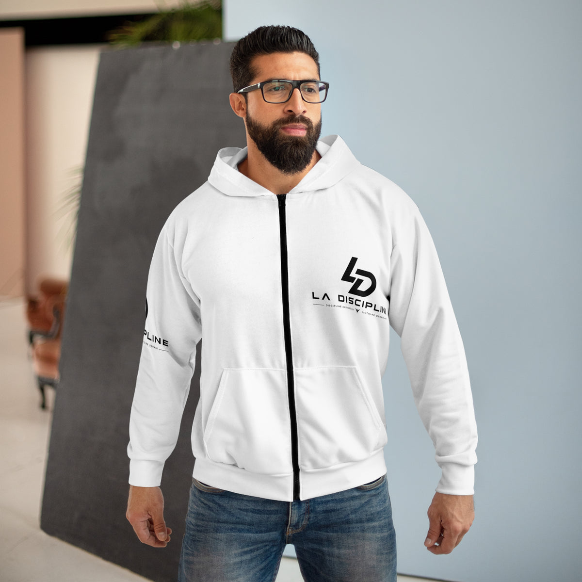 La Discipline Logo Zip Hoodie — Athletic White Full‑Zip Hoodie with LD Branding Printify