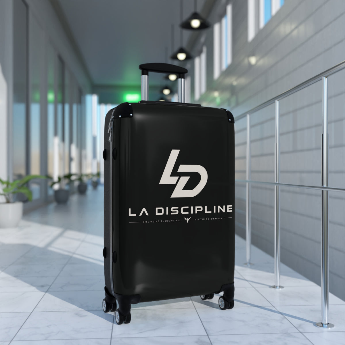 La Discipline Logo Carry-On Suitcase – Black Hard-Shell Travel Luggage Printify