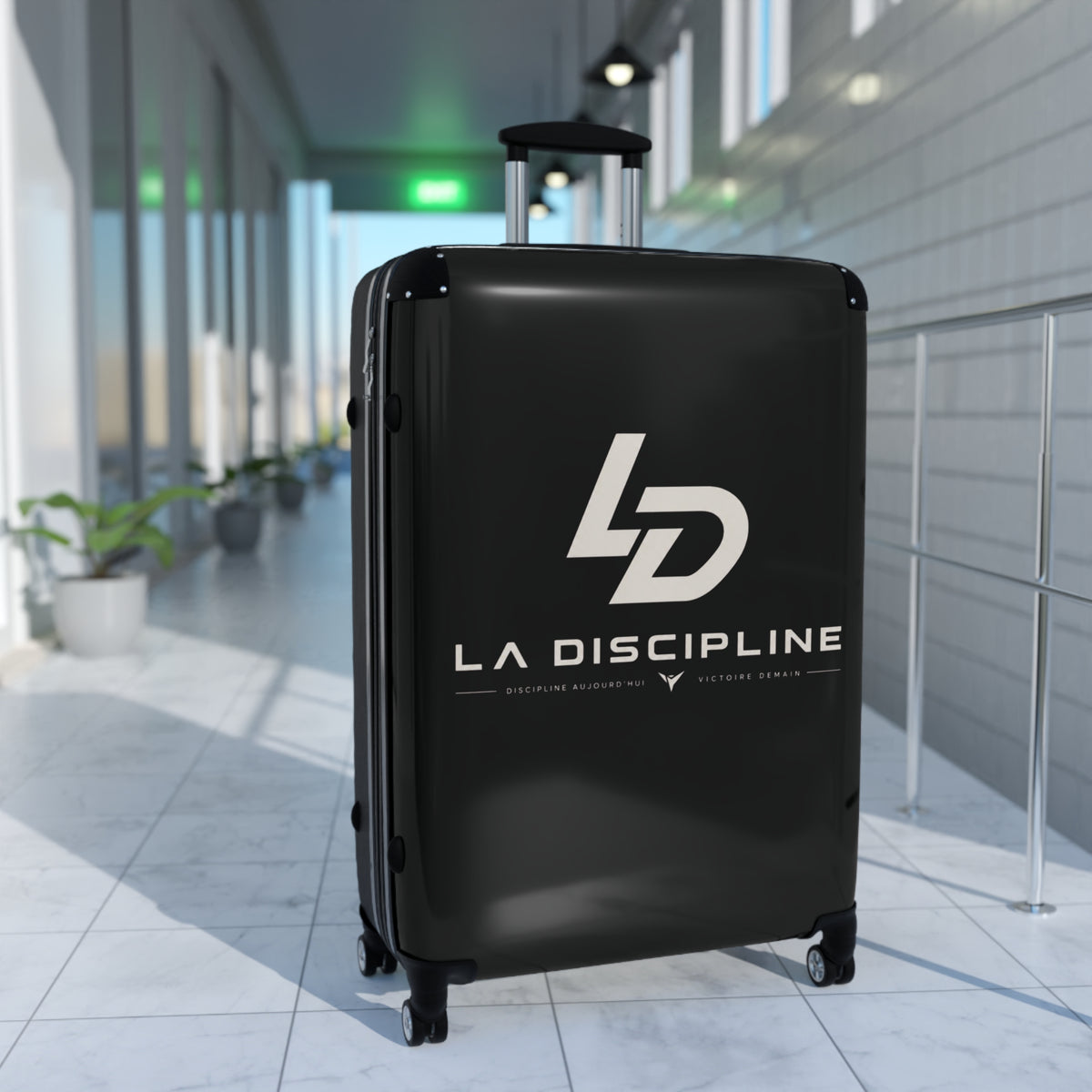 La Discipline Logo Carry-On Suitcase – Black Hard-Shell Travel Luggage Printify