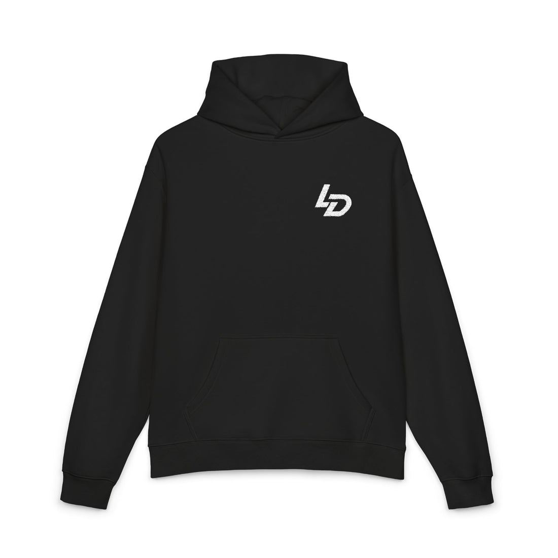 LD Minimal Logo Hoodie — Black Relaxed Pullover Printify