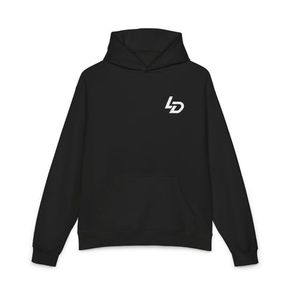 LD Minimal Logo Hoodie — Black Relaxed Pullover Printify
