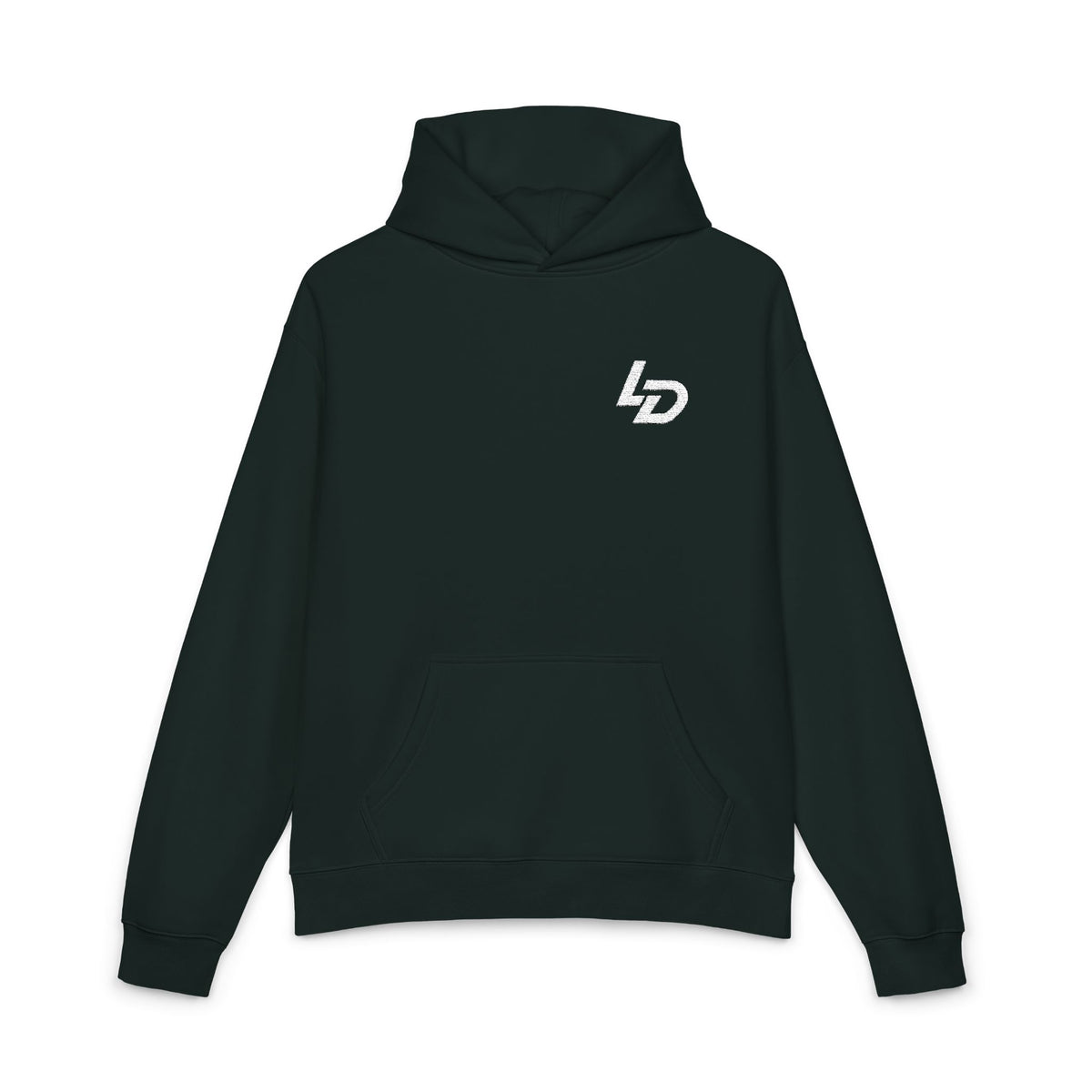LD Minimal Logo Hoodie — Black Relaxed Pullover Printify