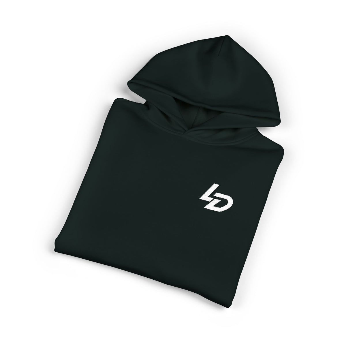 LD Minimal Logo Hoodie — Black Relaxed Pullover Printify