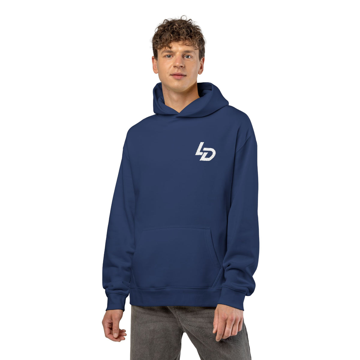 LD Minimal Logo Hoodie — Black Relaxed Pullover Printify