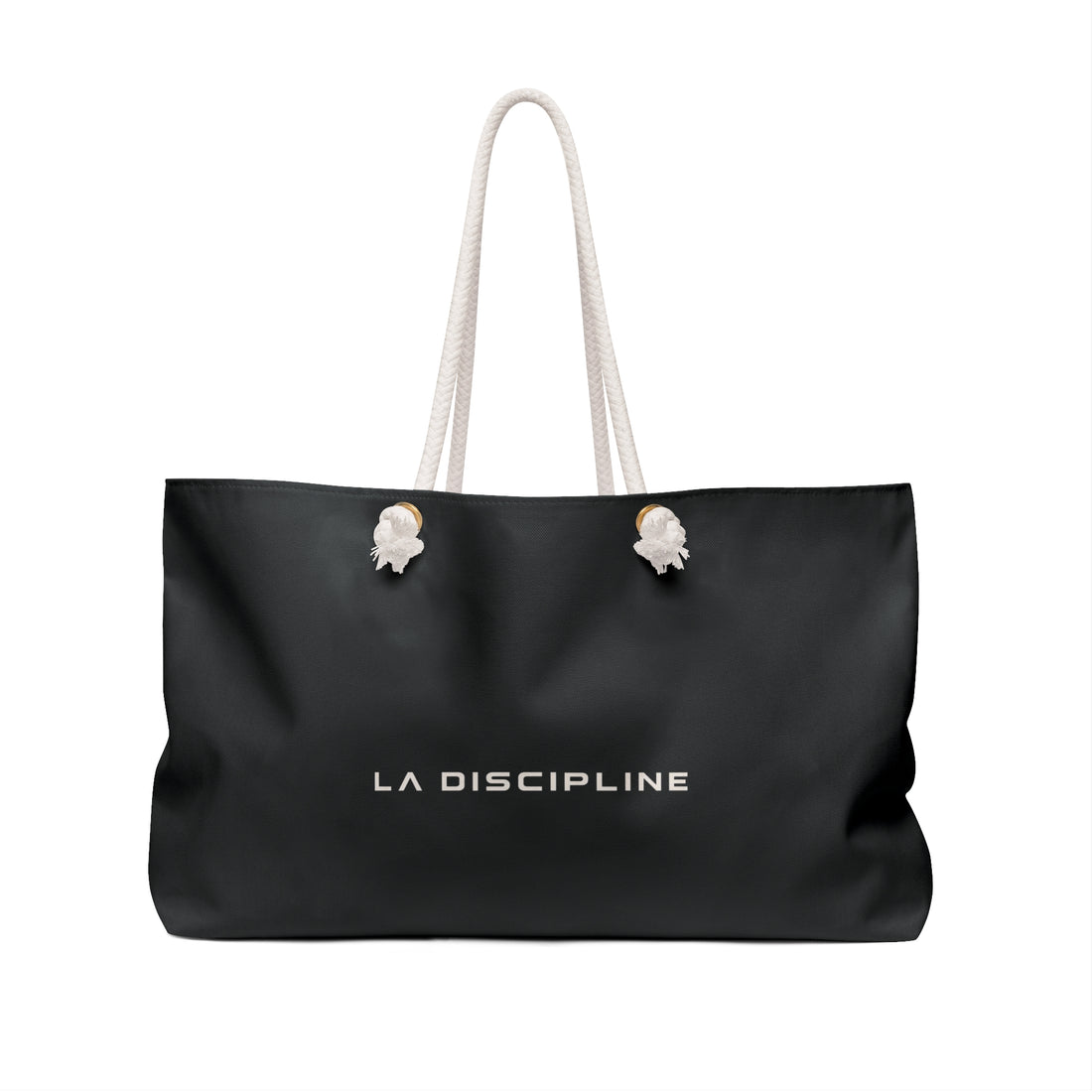 La Discipline Weekender Bag — Black Travel Tote with Minimalist Logo Printify