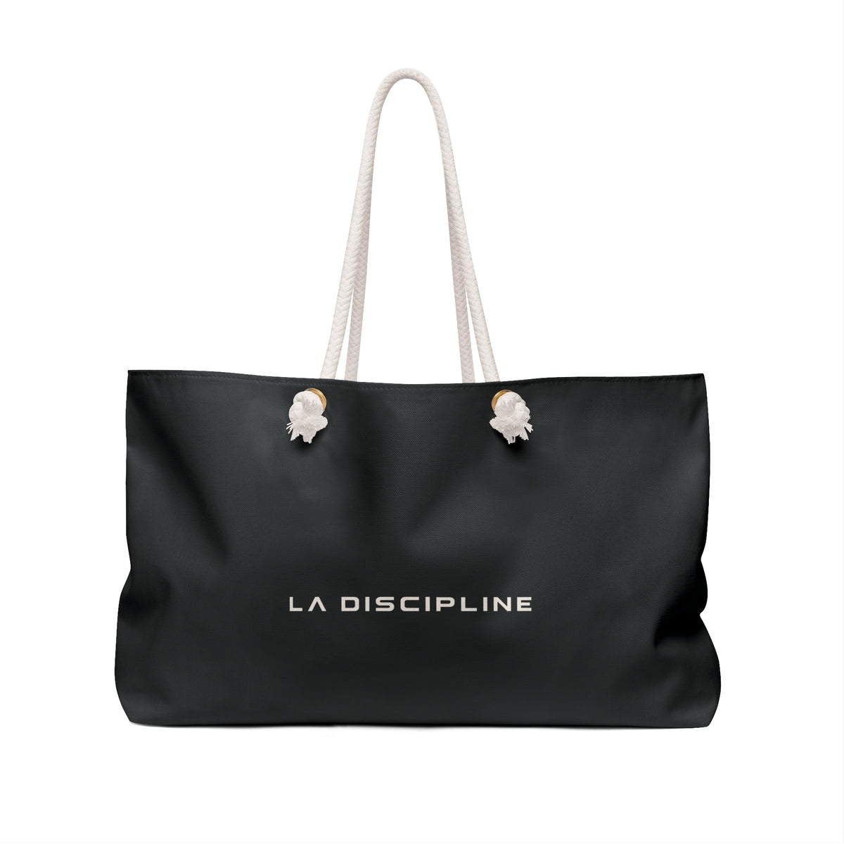 La Discipline Weekender Bag — Black Travel Tote with Minimalist Logo Printify