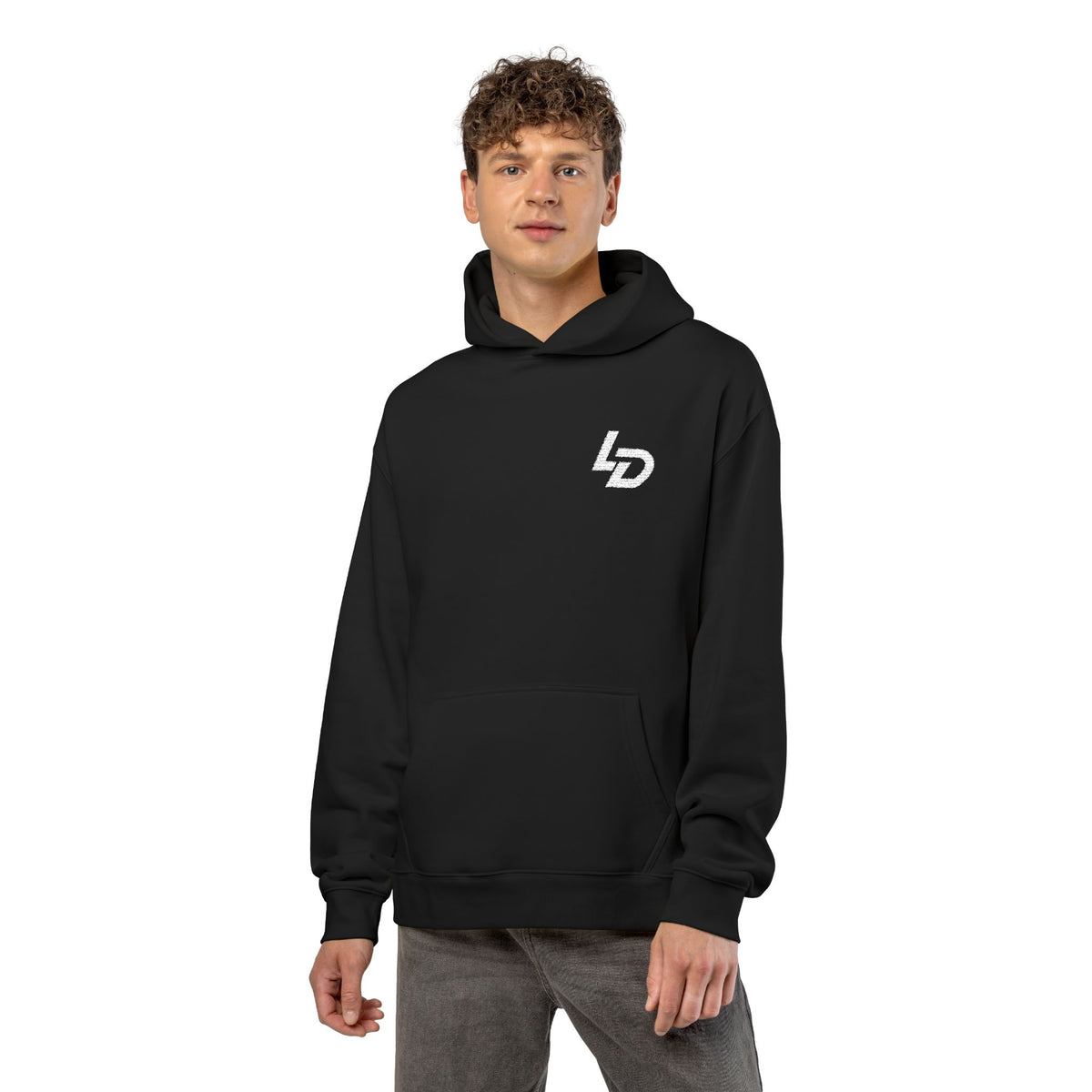 LD Minimal Logo Hoodie — Black Relaxed Pullover Printify